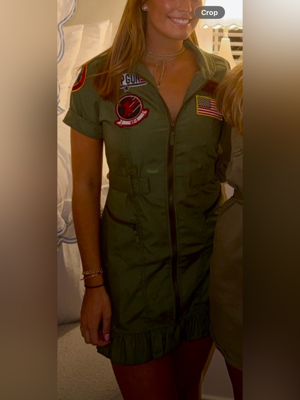 Military-Inspired Olive Green Patch Zip Front Dress